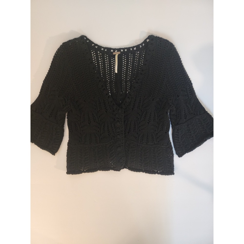 Free People Black Crochet Knit Cropped Cardigan Bell Sleeve Sweater Small